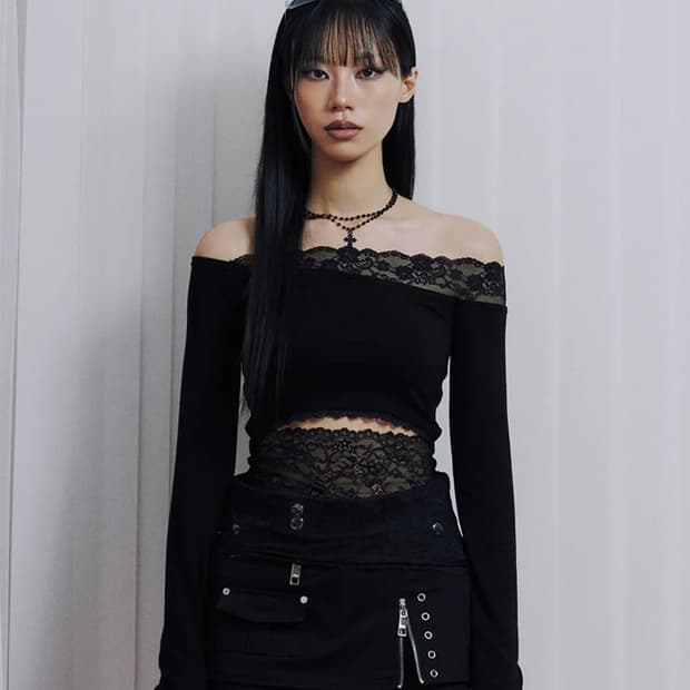 일리오 Black lace off shoulder longsleeve