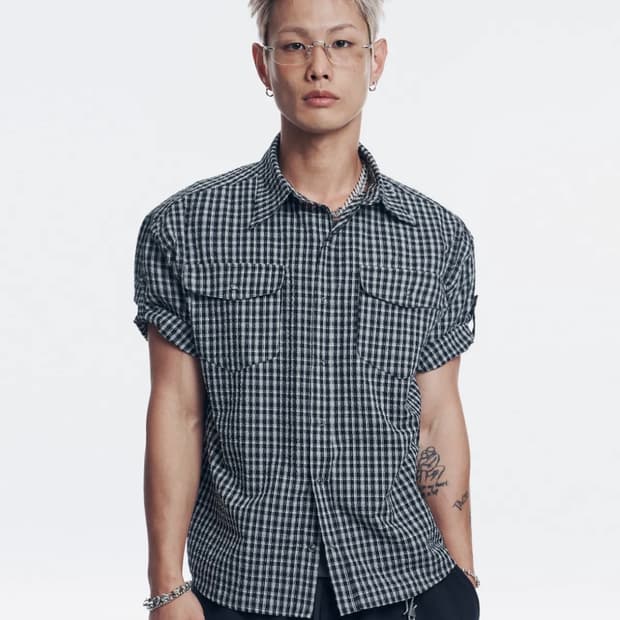 이지노이지 시어서커 롤업 체크 크롭 반팔 셔츠 블랙