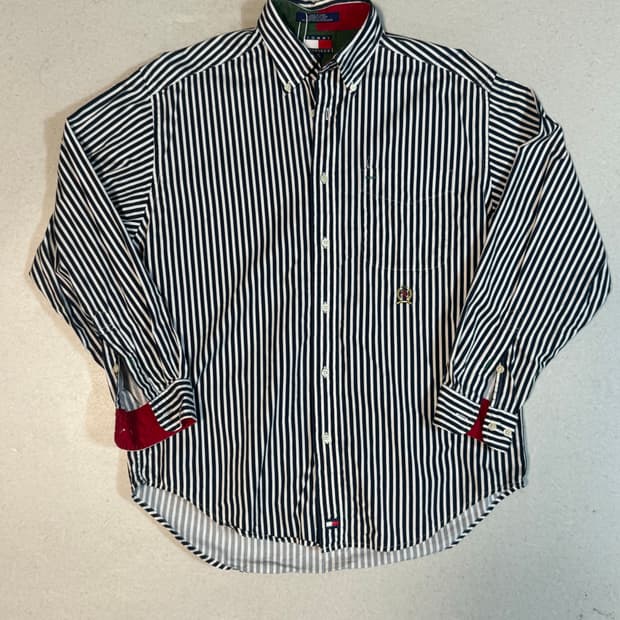 타미힐피거 빈티지 포인트 컬러 스트라이프 자수 로고 셔츠 네이비 m