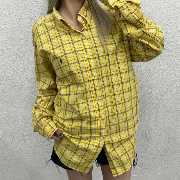 폴로 랄프로렌 네이비포니 옐로우 타탄체크 셔츠 L