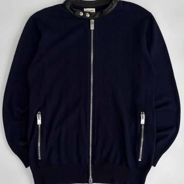 [XL] 생로랑 레더넥 울 니트 집업 자켓