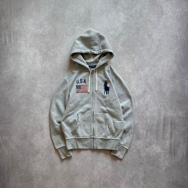 폴로 랄프 로렌 빅포니 USA 성조기 패치 기모 후드 집업 그레이