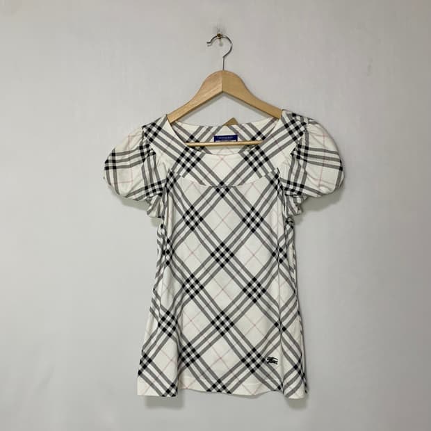 버버리 블루라벨 퍼프 소매 체크 패턴 반팔 블라우스 빈티지 티셔츠