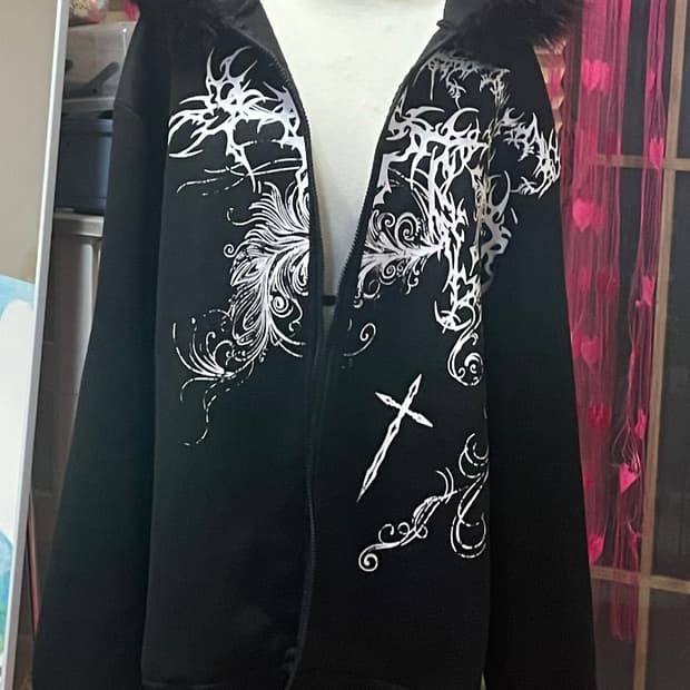 그런지 고스 펑크 프린팅 털 후드집업 