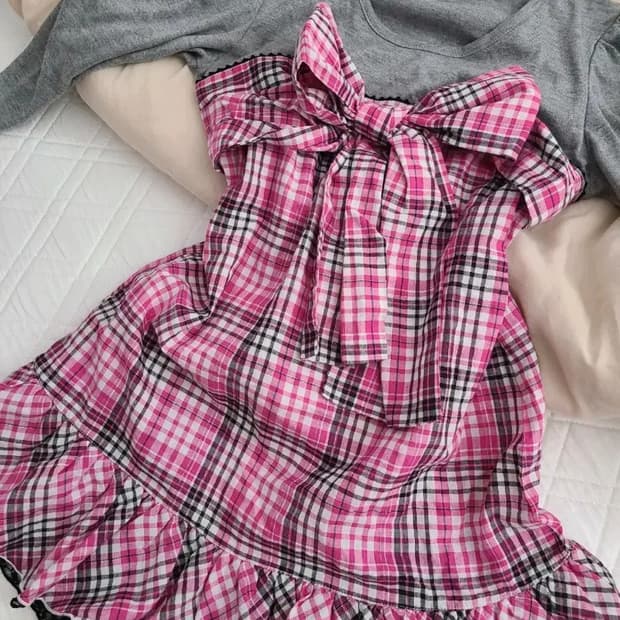 마즈깔 캐캐체 달천 히메 갸루 핑크 체크 원피스 리즈리사 엑시즈팜 빈티지