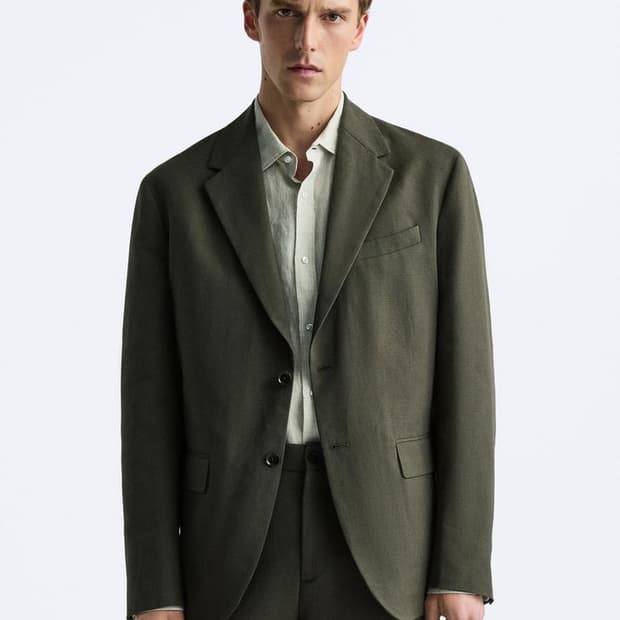 자라 린넨 면 카키 블레이져 