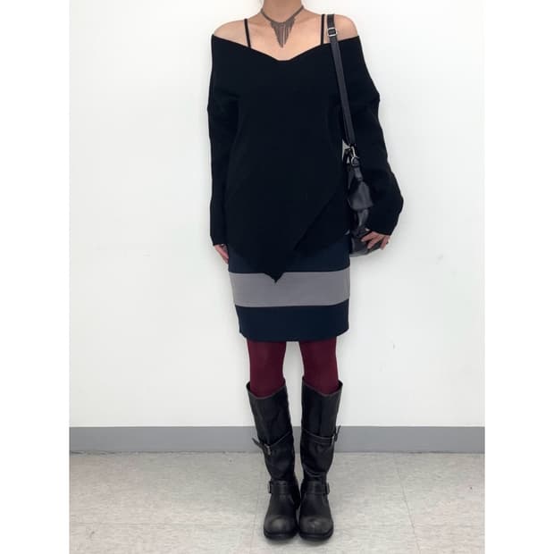 빈티지 네이비 스트라이프 미디 스커트