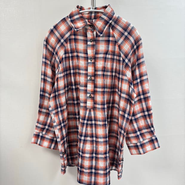  오렌지 믹스 체크 반오픈 오버사이즈 블라우스