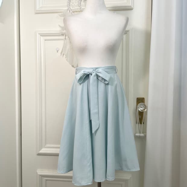mint blue banding belt bow midi skirt