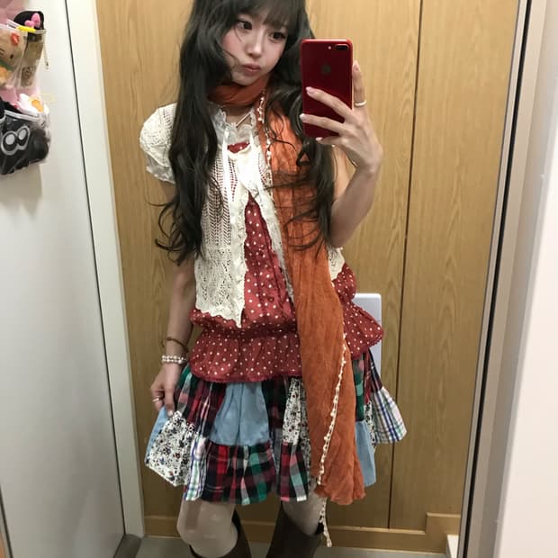 패치워크 레드 도트 하구미 모리걸 감딸기 애니깔 코디세트