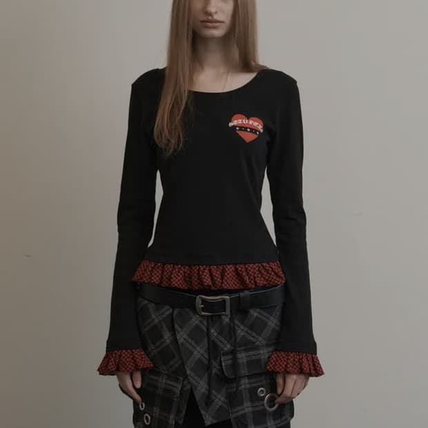 CHECK FRILL TOP BLACK