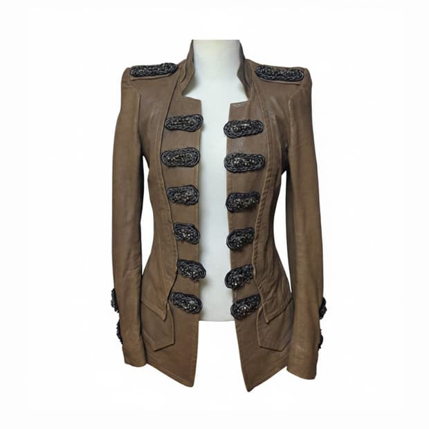 Vintage 비즈 체인 와펜 가죽 재킷