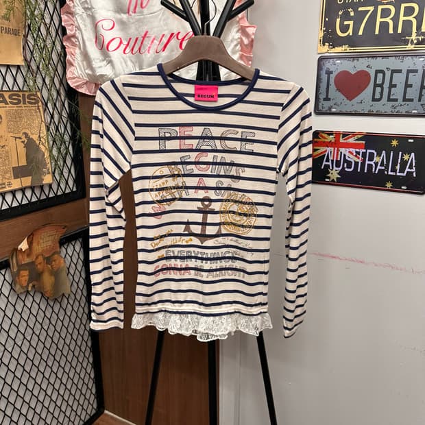 Navy Stripe Print Lace Long-Sleeve T