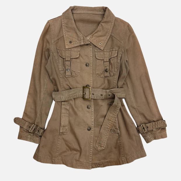 brown strap belted denim coat