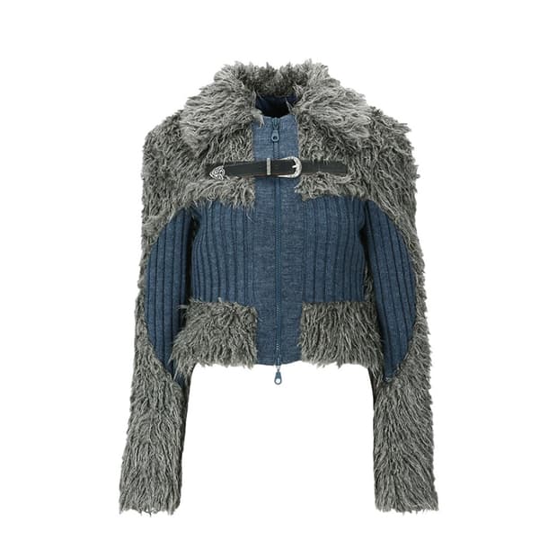 앤더슨벨 우먼 뉴 올가 헤어리 니트 집업 자켓 그레이