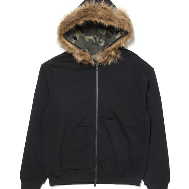 (3) 해칭룸 리버시블 폭스 퍼 후디 블랙 카모 카키