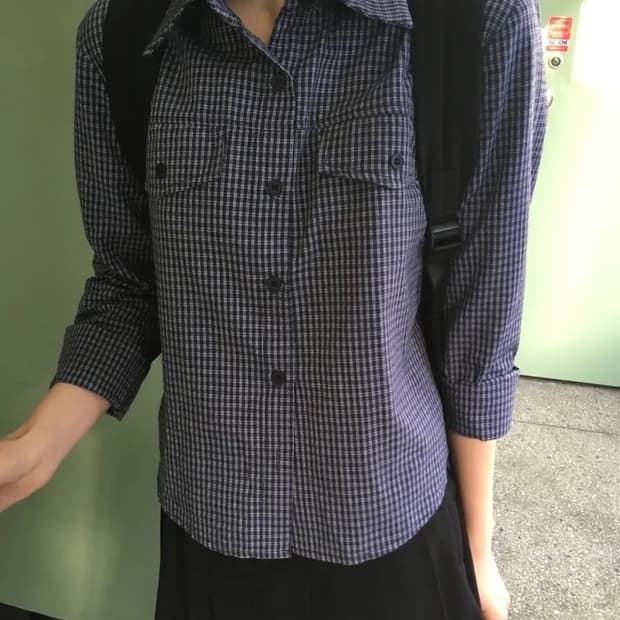포켓 체크 셔츠 네이비