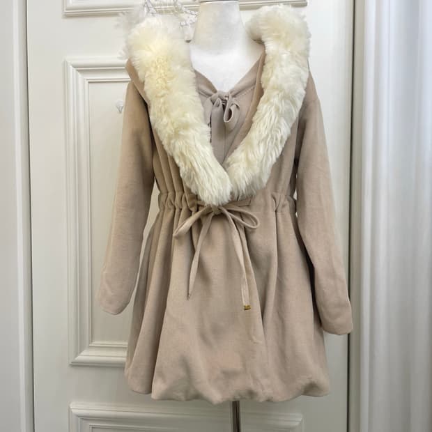 beige fur point waist bow lovely coat