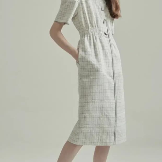 오브제 2021 체크 자수 포인트 반팔 롱 원피스 S사이즈