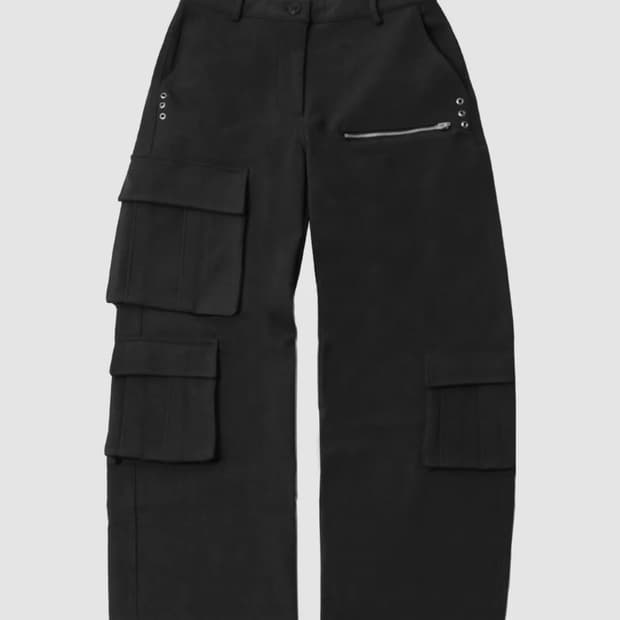 윈터 빅포켓 아일렛 웨이스트 카고 와이드 히든 스트링 워크 팬츠 블랙