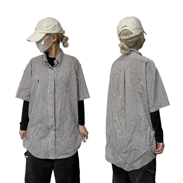 랄프 로렌 블랙 스트라이프 오버핏 반팔 셔츠 XL