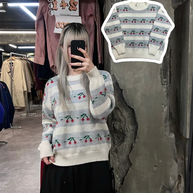 빈티지 체리 패턴 니트 블루  #csz3180