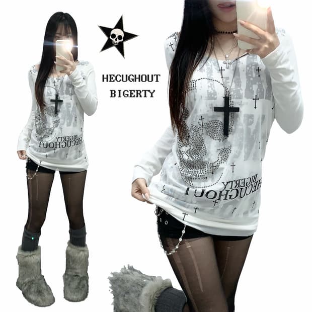 [GIRLS TEES] 스컬 큐빅 고딕 레터링 롱슬리브