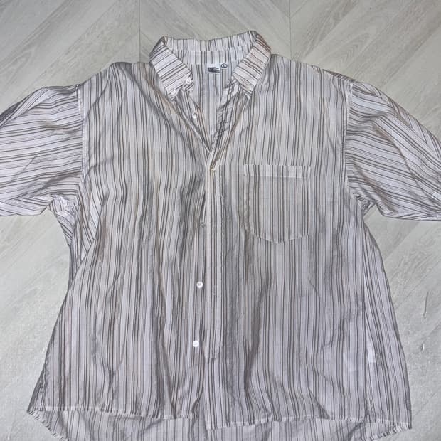 멀티 스트라이프 A-라인 오버핏 하프 셔츠 빈티지 핑크 (L)