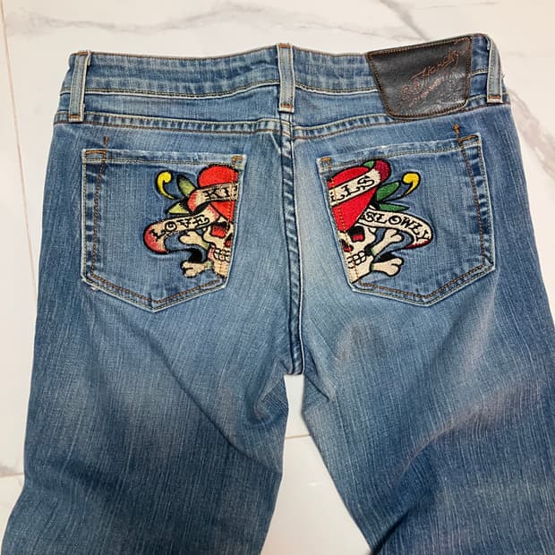 에드하디 Y2K 스트레이트 미디움워시 청바지 로우라이즈 Ed Hardy