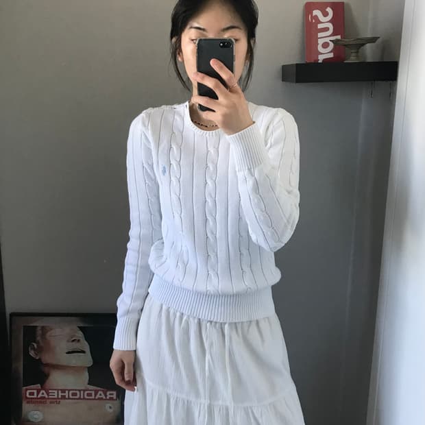 폴로 랄프로렌 포니로고 케이블 니트 화이트 어깨 버튼 패턴