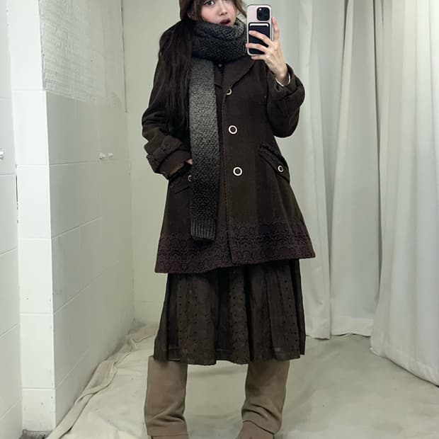 액시즈팜 브라운 레이스 코트 니혼진 모리걸 코디세트