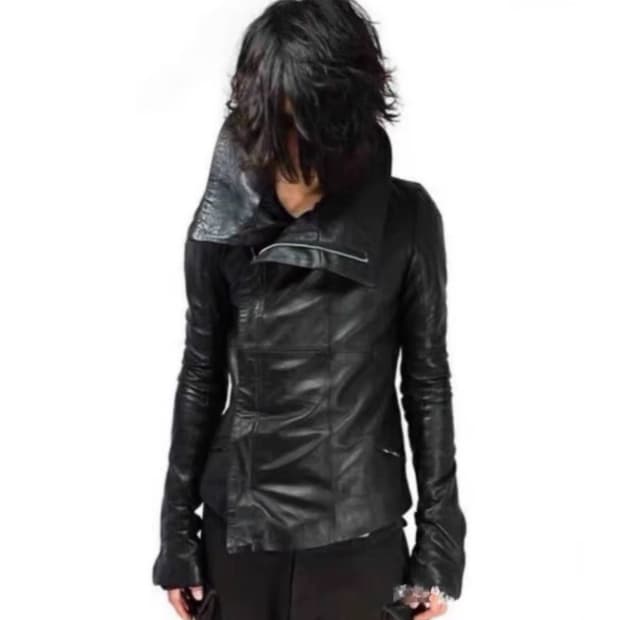 EKAM 비대칭 램스킨 레더 자켓