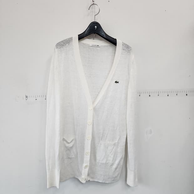 라코스테 화이트 브이넥 린넨가디건