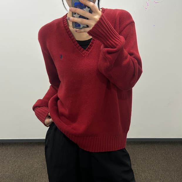 Polo 폴로 네이비포니 레드 브이넥 니트