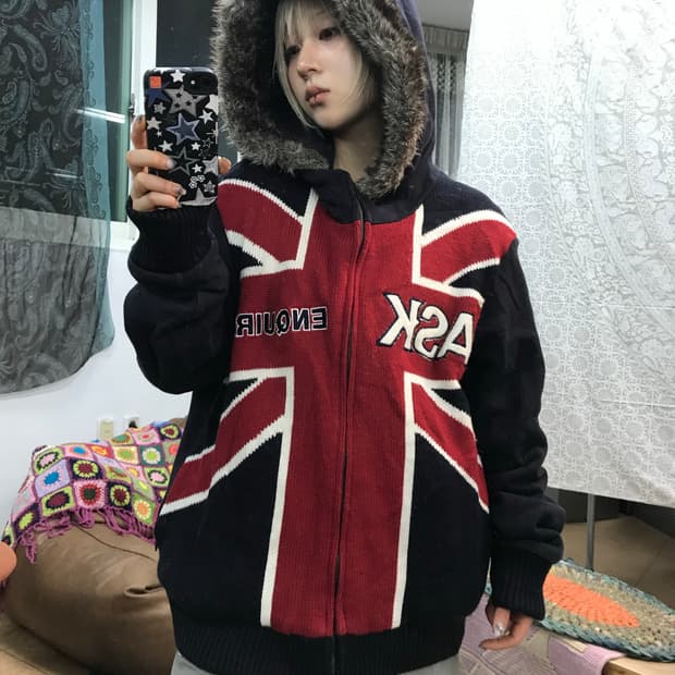 에스크 ask 성조기 누빔 양털 니트 후드점퍼 