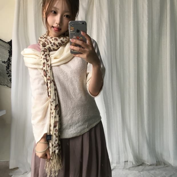 빈티지 뮤트 핑크 아이보리 레오파드 소녀 코디세트