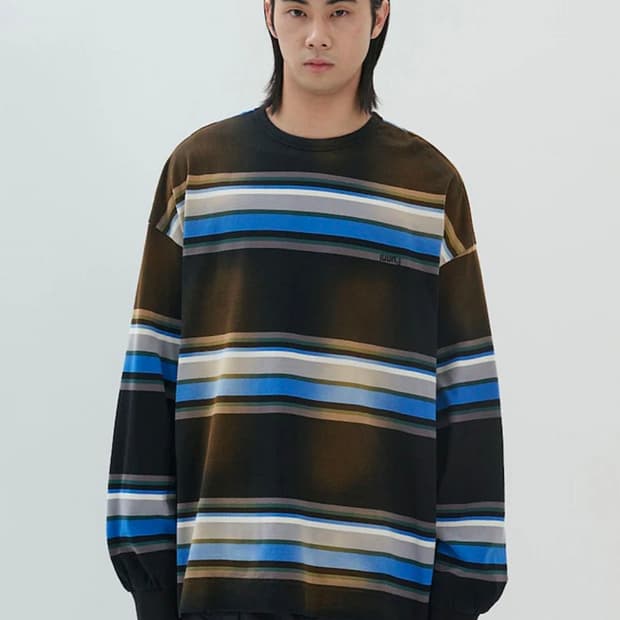 준지 브라운 블루 워시드 멀티 스트라이프 롱 슬리브