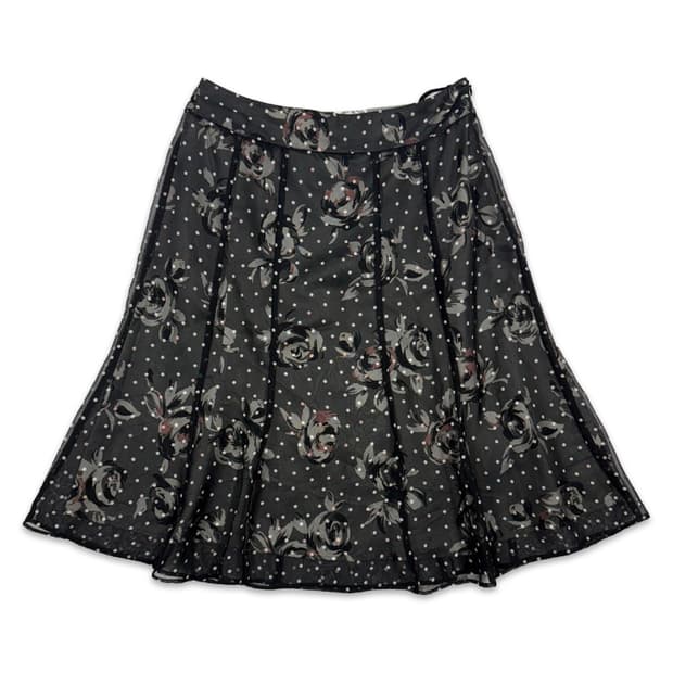 빈티지 Aylesbury 블랙 로즈 도트 플레어 미디 스커트