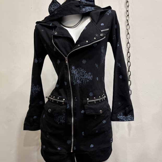 acdc rag 네코미미 스터드 블랙 앤 블루 후드자켓 펑크