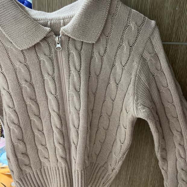 베이지 꽈배기 니트 집업 가디건 S