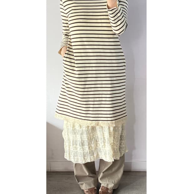 일본빈티지 레이스 줄무늬 원피스