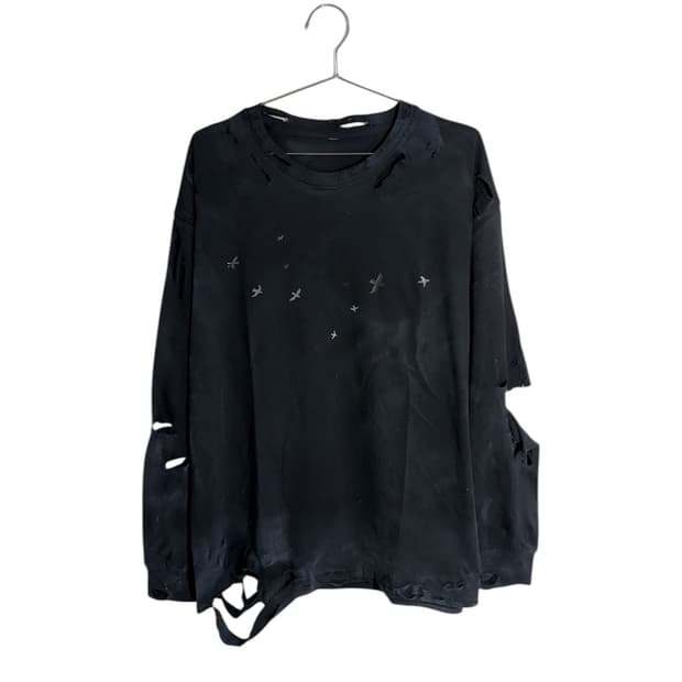 플라잉 버드 프린팅 다스트레스드 데미지 워싱 롱 슬리브 