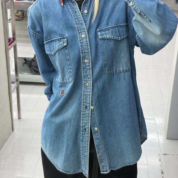 타미힐피거 90s 타탄체크 카라 데님 셔츠