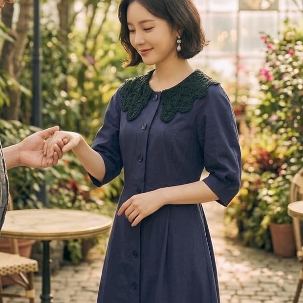 까사렐 벌룬  면바스락 원피스 . 크로셰 넥카라 탈부착가능