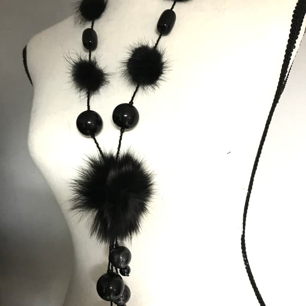 Vintage Black Mink Fur & Bead Necklace