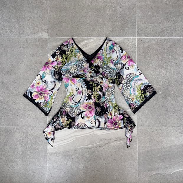 Black pink oriental floral ruffle blouse