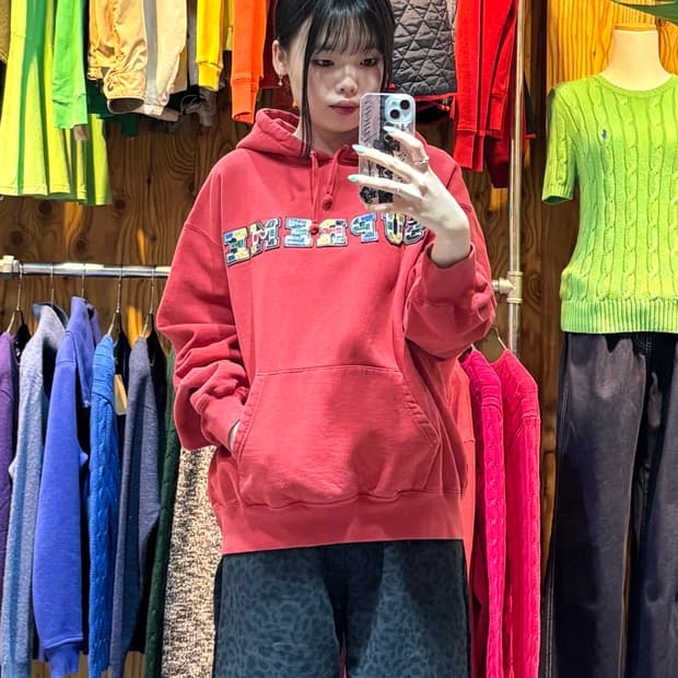 S SUPREME 슈프림 컬러 스펠링 패치 워싱 레드 후드티