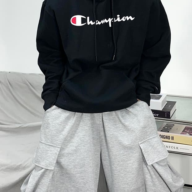 챔피온 빅로고 블랙 후드티 2XL