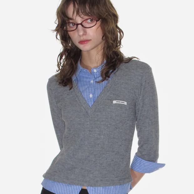 크랭크 니트 레이어드 셔츠 