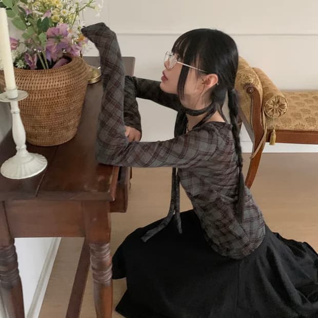 [스카프set] 펠드 체크 시스루 셔링 긴팔 티셔츠